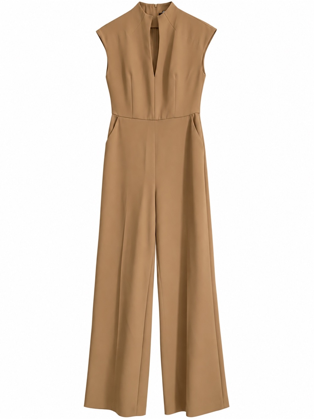 Karen Millen Sleeveless V-Neck Wide-Leg Jumpsuit in Camel Brown